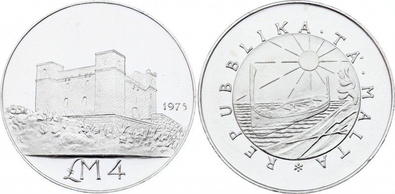 Malta 4 Pounds 1975
KM# 33; Silver Proof; St. Agatha's Tower at Gammieh