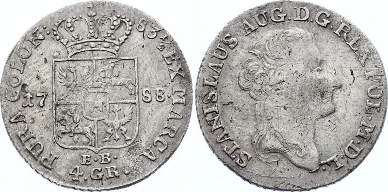 Poland 4 Groszy 1788 EB
Stanislaus August, 1764-1795; Silver, XF.