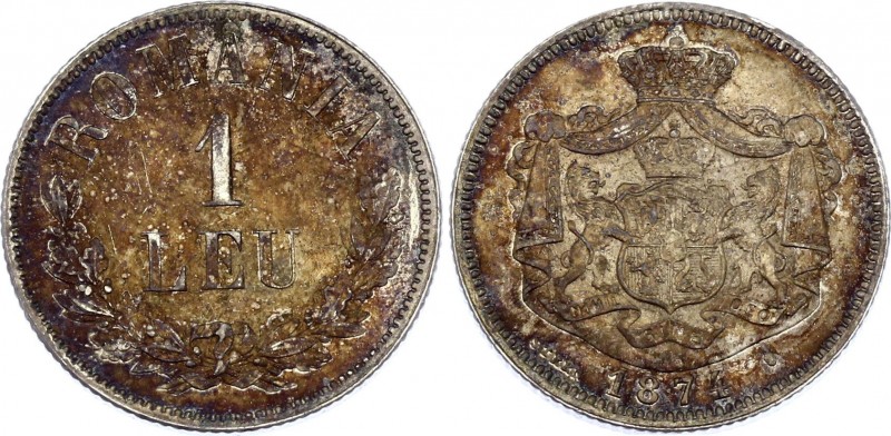 Romania 1 Leu 1874
KM# 10; Silver; Carol I; aUNC with Nice Golden Toning!