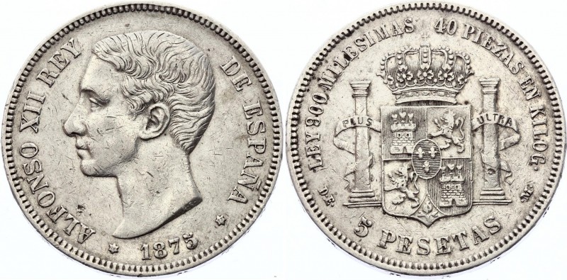 Spain 5 Pesetas 1875 DEM
KM# 671; Silver; Alfonso XII; VF