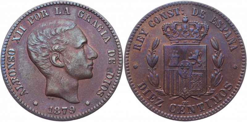 Spain 10 Centimos 1879 OM
KM# 675; Bronze 9.57g.; XF