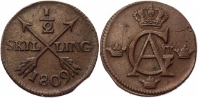 Sweden 1/2 Skilling 1809
KM# 565; Copper 13,82g.; Netted edge; Coin from an old collection; Natural cabinet patina; Pleasant colour; Attractive colle...
