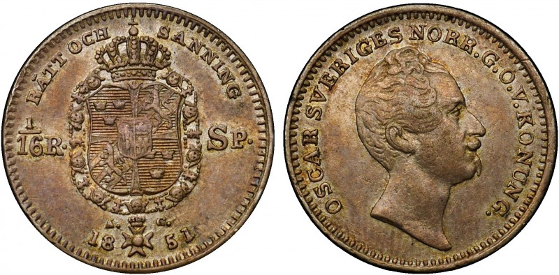 Sweden 1/16 Riksdaler 1851 AG
KM# 665; Silver 2.15g; XF/aUNC