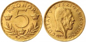 Sweden 5 Kronor 1920
KM# 797; Gold (900) 2,3g.; Gustaf V; XF+