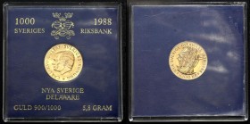 Sweden 1000 Kronor 1988 D-E PROOF
KM# 868; Carl XVI Gustaf; 350th Anniversary of Swedish Colony in Delaware. Gold (.900), 5.80 g.. Proof