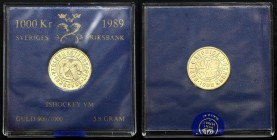 Sweden 1000 Kronor 1989 D-E PROOF
KM# 870; Carl XVI Gustaf; Ice Hockey. Gold (.900), 5.80 g.. Proof