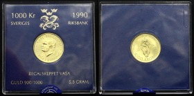 Sweden 1000 Kronor 1990 D-E PROOF
KM# 876; Carl XVI Gustaf; The Vasa - Arms. Gold (.900), 5.80 g.. Proof