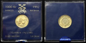 Sweden 1000 Kronor 1992 D-E PROOF
KM# 880; Carl XVI Gustaf; 200th Anniversary - Death of Gustaf III. Gold (.900), 5.80 g.. Proof