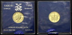 Sweden 1000 Kronor 1993 D-E PROOF
KM# 883; Carl XVI Gustaf; 20th Anniversary of Reign. Gold (.900), 5.80 g.. Proof