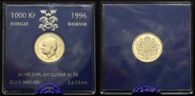 Sweden 1000 Kronor 1996 D-E PROOF
KM# 889; Carl XVI Gustaf; 50th Birthday - King Carl XVI Gustaf. Gold (.900), 5.80 g.. Proof