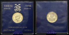 Sweden 1000 Kronor 1998 D-E PROOF
KM# 893; Carl XVI Gustaf; 25th Anniversary - Reign of King Carl XVI Gustaf. Gold (.900), 5.80 g. Proof