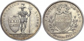 Switzerland Vaud 1 Franc 1845
KM# 22; HMZ# 2-1001a; "SIBER" on left and right side of shield (obverse); Silver; UNC with hairlines