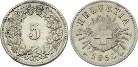 Switzerland 5 Rappen 1850 BB
KM# 5; Billon; XF