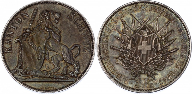 Switzerland 5 Francs 1867
X# S9; Silver; Schwyz Shooting Festival, 1867; UNC wi...