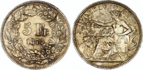 Switzerland 5 Francs 1874 B
Y# 29; Silver; Mintage 196,000 Pcs!; Helvetia seated; UNC with minor hairlines