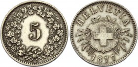 Switzerland 5 Rappen 1877 B
KM# 5; Billon; VF-XF