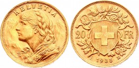 Switzerland 20 Francs 1935 LB
KM# 35; Gold (.900) 6.45g 21mm; UNC