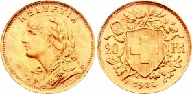 Switzerland 20 Francs 1935 LB
KM# 35; Gold (.900) 6.45g 21mm; UNC