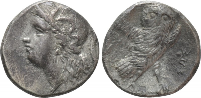 CALABRIA. Tarentum. Drachm (Circa 280-272 BC). 

Obv: Helmeted head of Athena ...