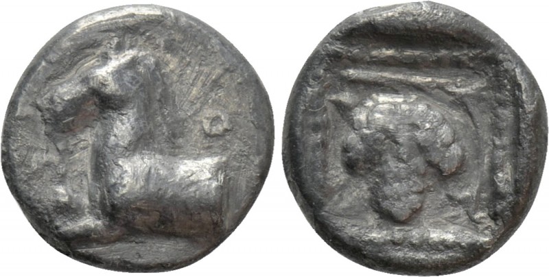 THRACE. Maroneia. Trihemiobol (Circa 398-386 BC). 

Obv: M P. 
Forepart of pr...