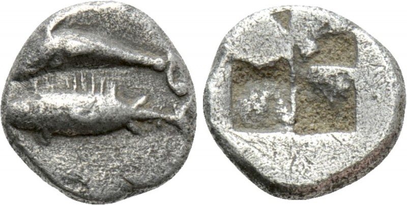 MYSIA. Kyzikos. Obol (Circa 550-480 BC). 

Obv: Dolphin left above tunny left....