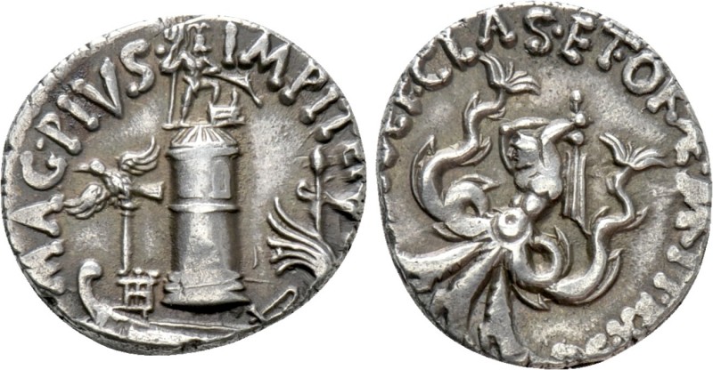 SEXTUS POMPEIUS MAGNUS PIUS. Denarius (37/6 BC). Uncertain Sicilian mint.

Obv...
