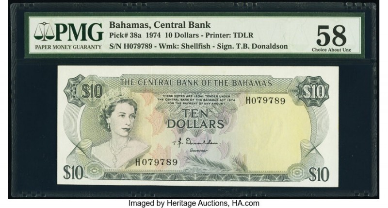 Bahamas Central Bank 10 Dollars 1974 Pick 38a PMG Choice About Unc 58. 

HID0980...