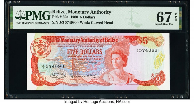 Belize Monetary Authority 5 Dollars 1.1.1980 Pick 39a PMG Superb Gem Unc 67 EPQ....