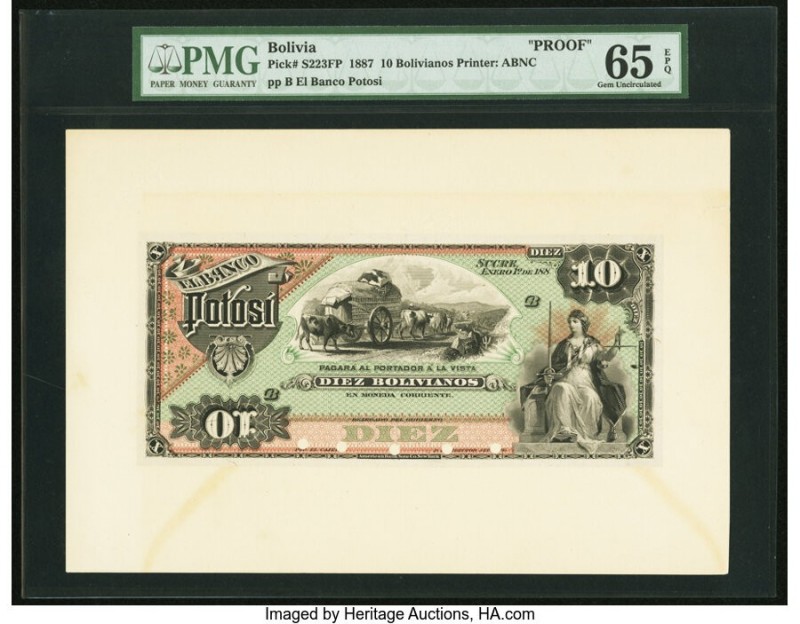 Bolivia Banco Central 10 Bolivianos 1.1.1887 Pick S223FP Front Proof PMG Gem Unc...