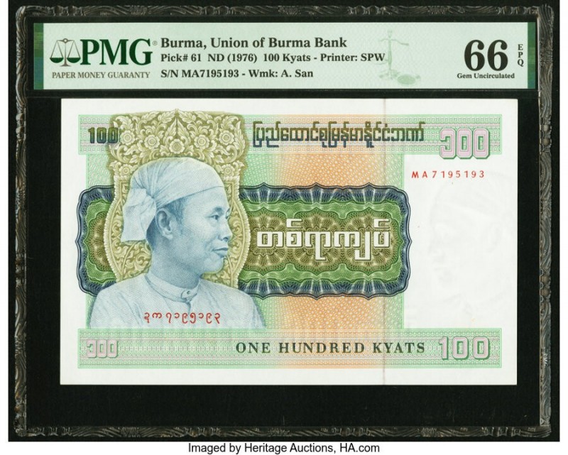 Burma Union of Burma Bank 100 Kyats ND (1976) Pick 61 PMG Gem Uncirculated 66 EP...