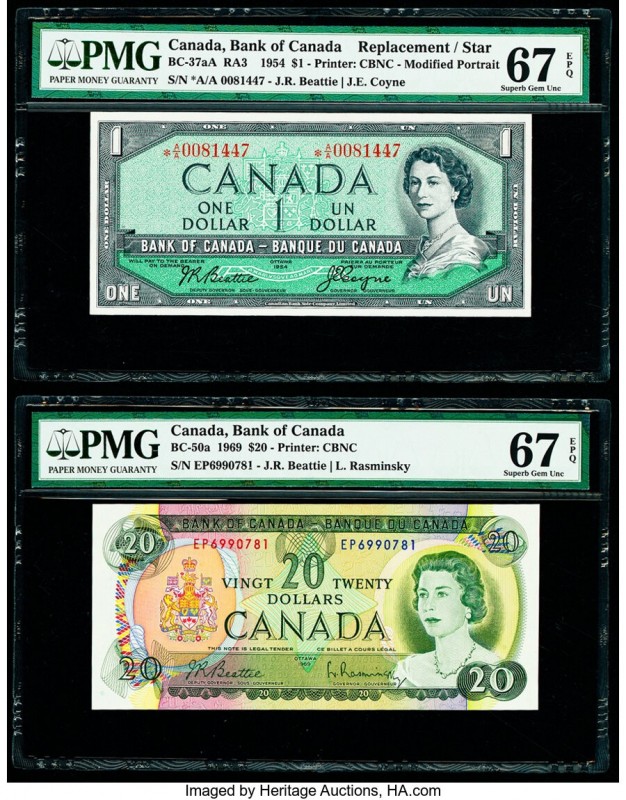 Canada Bank of Canada $1; 20 1954; 1969 BC-37aA; BC-50a Two Examples Replacement...