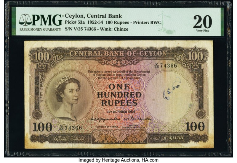 Ceylon Central Bank of Ceylon 100 Rupees 16.10.1954 Pick 53a PMG Very Fine 20. S...