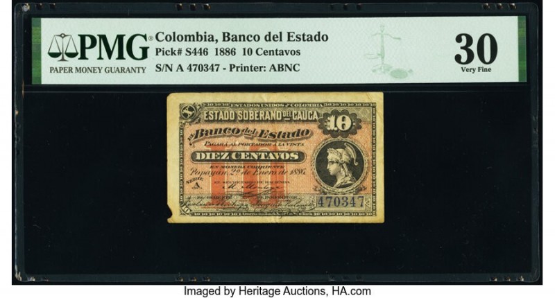 Colombia Banco del Estado 10 Centavos 2.1.1886 Pick S446 PMG Very Fine 30. Minor...