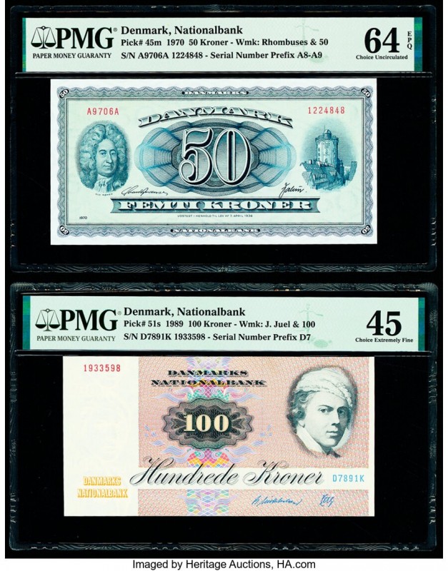 Denmark National Bank 50; 100 Kroner 1970; 1989 Pick 45m; 51s Two Examples PMG C...