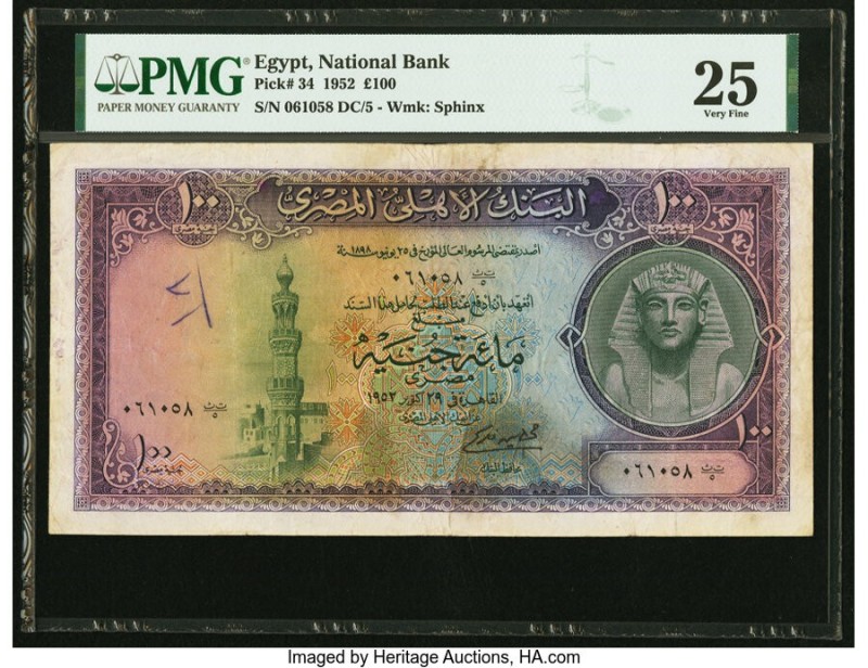 Egypt National Bank of Egypt 100 Pounds 1952 Pick 34 PMG Very Fine 25. Annotatio...