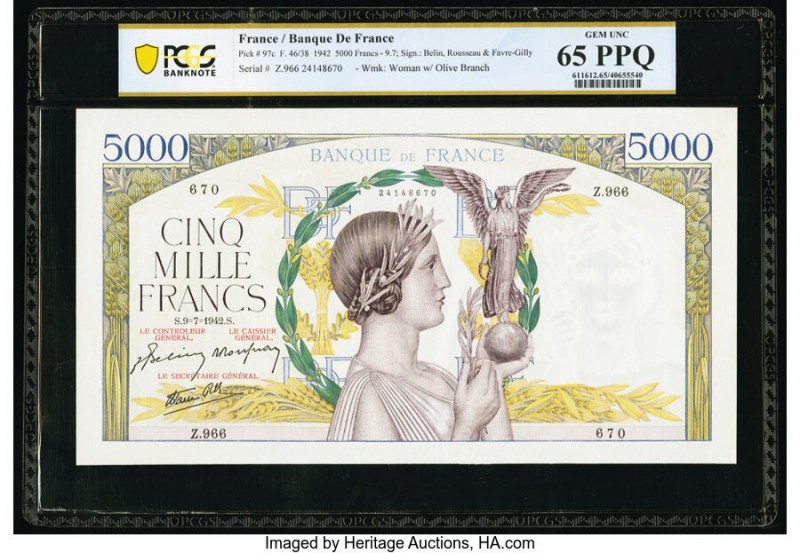 France Banque de France 5000 Francs 9.7.1942 Pick 97c PCGS Gem UNC 65 PPQ. 

HID...