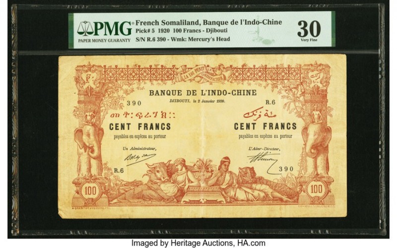 French Somaliland Banque de l'Indochine, Djibouti 100 Francs 2.1.1920 Pick 5 PMG...