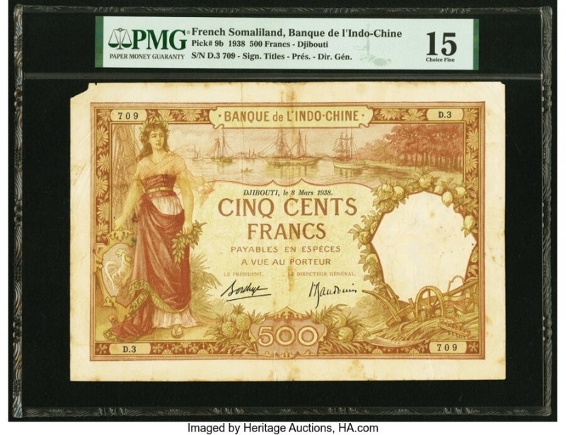 French Somaliland Banque de l'Indochine, Djibouti 500 Francs 8.3.1938 Pick 9b PM...