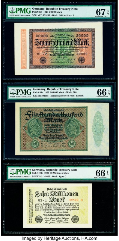 Germany Imperial Bank Note 20,000; 500,000 Mark; 10 Millionen Mark 20.2.1923; 1....