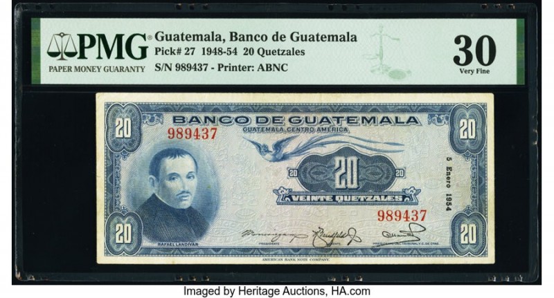Guatemala Banco de Guatemala 20 Quetzales 5.1.1954 Pick 27 PMG Very Fine 30. 

H...