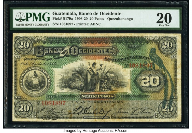 Guatemala Banco de Occidente en Quezaltenango 20 Pesos 1.8.1914 Pick S179a PMG V...