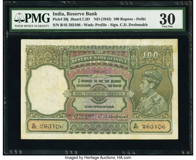 India Reserve Bank of India 100 Rupees ND (1943) Pick 20j Jhun4.7.2D PMG Very Fi...