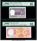 India Group of 4 Graded Examples PMG Gem Uncirculated 65 EPQ (3); Choice Uncirculated 64. Lot includes two serial number 7 notes and a solid serial nu...