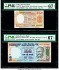 Serial Number 7 Pair India Reserve Bank of India 2; 100 Rupees ND (1985-90; 1996) Pick 79i; 91i Two Examples PMG Superb Gem Unc 67 EPQ (2). Staple hol...