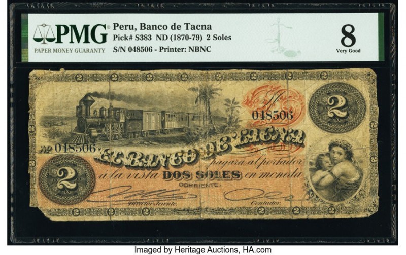 Peru Banco de Tacna 2 Soles 1870 Pick S383 PMG Very Good 8. Repaired.

HID098012...