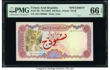 Yemen Arab Republic Central Bank of Yemen 100 Rials ND (1993) Pick 28s Specimen PMG Gem Uncirculated 66 EPQ. Red overprints.

HID09801242017

© 2020 H...