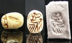 Egypto-phenicien - Scarabée en calcite - 1500 / 1000 av. J.-C.
Beau scarabée en calcite de couleur beige orné d'un personnage assis. 15*12 mm.