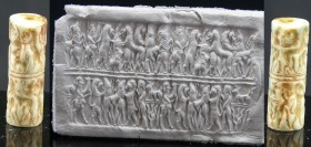 Mésopotamie - Sceau cylindre en pierre - 2500 / 2000 av. J-C.
Important sceau cylindre en pierre beige à double scène représentant l'épopée de Gilgam...