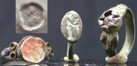 Périodes diveres - Lot de bagues en bronze
Lot de bagues en bronze. La première, probablement romaine, a le chaton représentant un personnage debout....