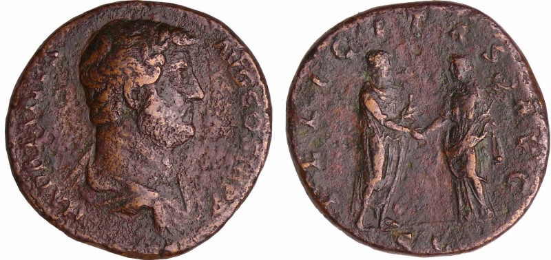 Hadrien - Sesterce (133, Rome)
A/ HADRIANVS AVG COS III P P. Tête nue à droite....